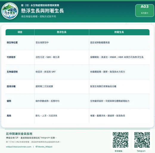 懸浮生長與附著生長圖卡：分清活性污泥與生物膜系統的核心差異。