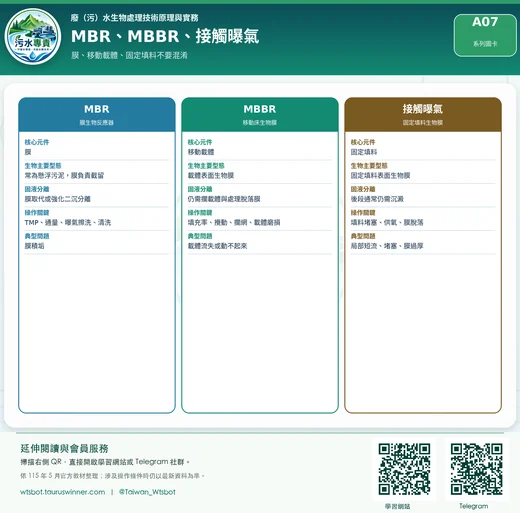MBR、MBBR、接觸曝氣圖卡：比較三類常見生物處理程序的載體與固液分離方式。