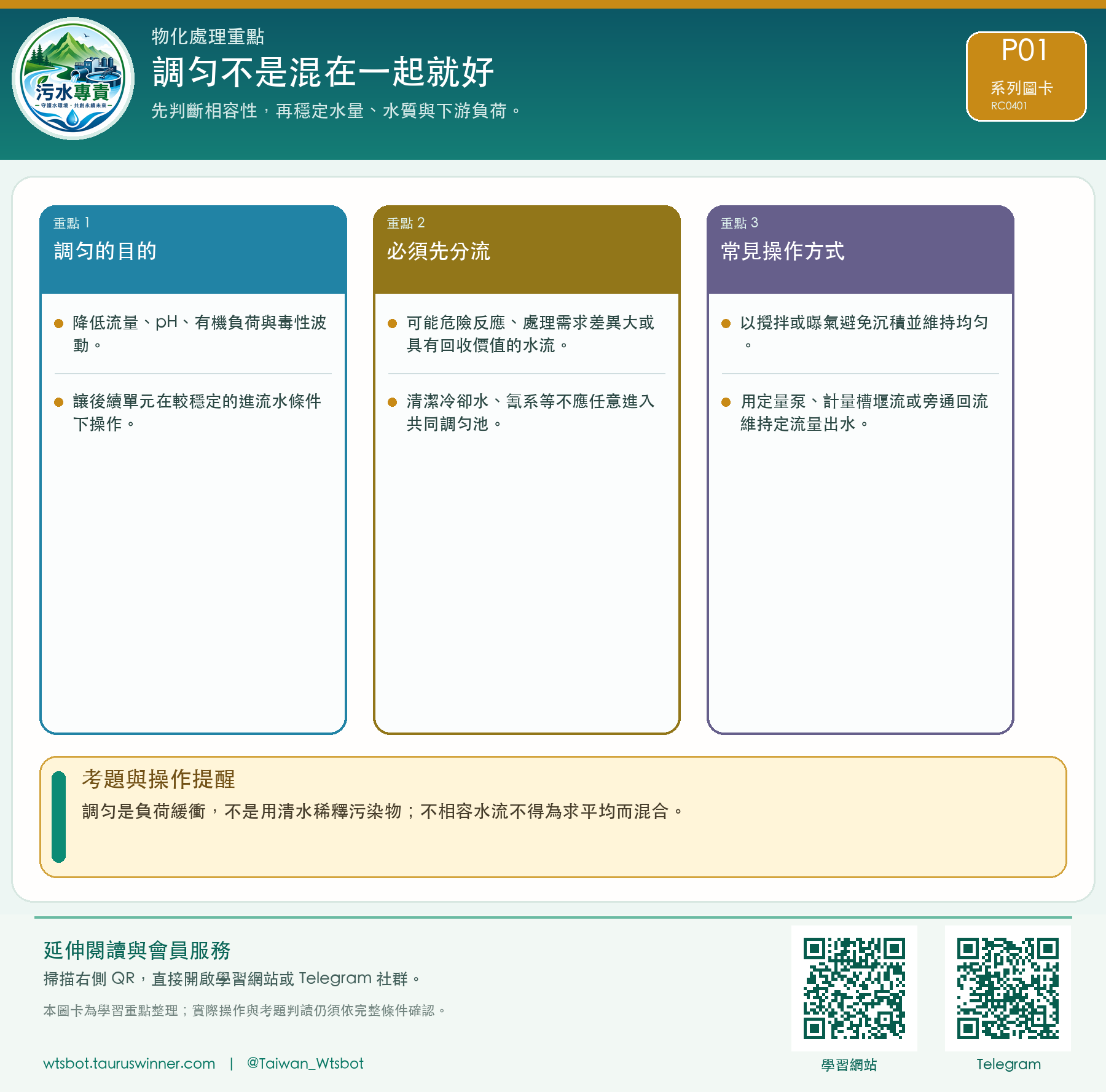 調勻不是混在一起就好圖卡:先判斷相容性,再穩定水量、水質與下游負荷。
